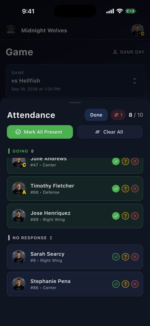 Players marking whether they are coming to a game